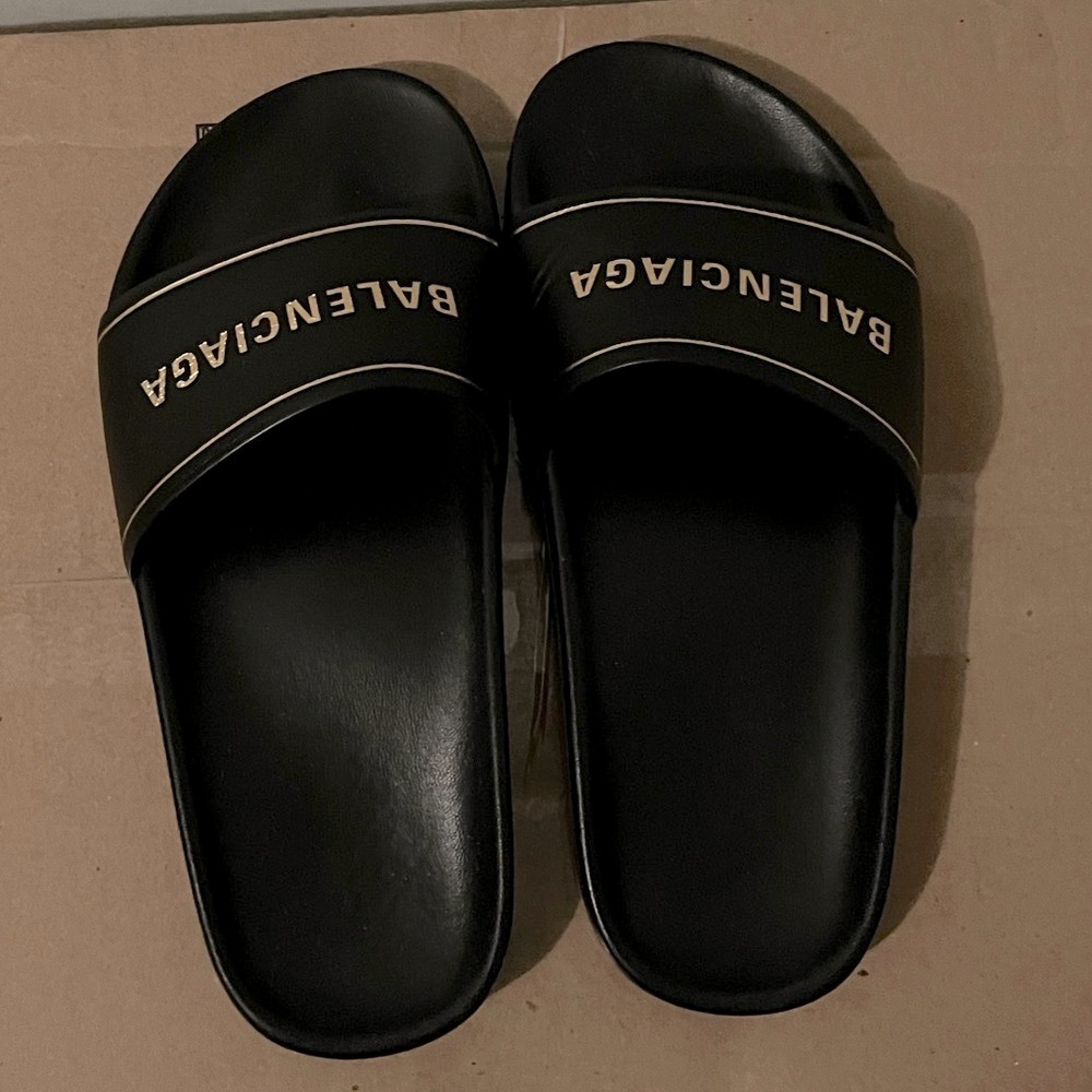 Balenciaga Black and Gold Nappa Leather Slides